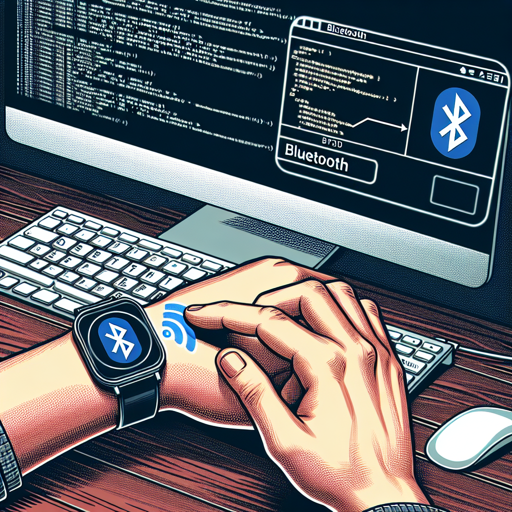 "Person using a laptop to hack a smartwatch for Bluetooth security testing in a modern tech environment."